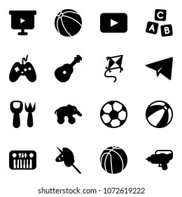 Solid vector icon set - presentation board vector, ball, playback, abc cube, joystick, guitar, kite, paper plane, shovel fork toy, elephant wheel, soccer, beach, piano, unicorn stick, basketball