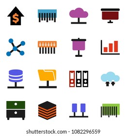 solid vector icon set - presentation vector, archive, graph, dollar growth, binder, board, barcode, network, server, folder, cloud, exchange, big data, hub