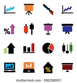 solid vector icon set - presentation vector, graph, pie, japanese candle, laptop, crisis, percent growth, dollar, board