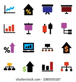solid vector icon set - presentation vector, graph, japanese candle, laptop, percent growth, dollar, board, hierarchy