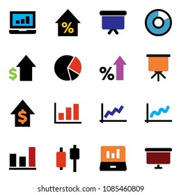 solid vector icon set - presentation vector, graph, pie, japanese candle, laptop, percent growth, dollar, board