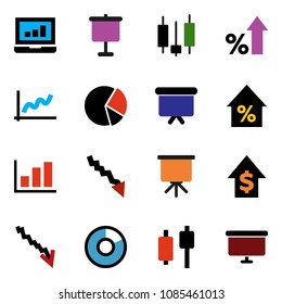 solid vector icon set - presentation vector, graph, pie, japanese candle, laptop, crisis, percent growth, dollar, board