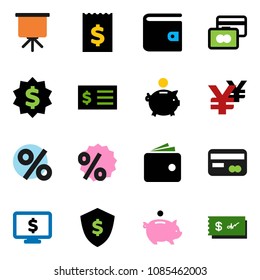 solid vector icon set - presentation vector, credit card, wallet, piggy bank, receipt, dollar medal, shield, monitor, yen sign, percent, check