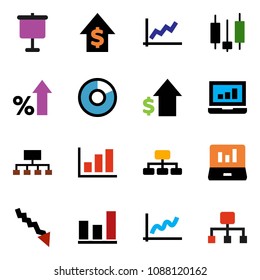 solid vector icon set - presentation vector, graph, pie, japanese candle, laptop, crisis, percent growth, dollar, hierarchy