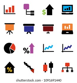 solid vector icon set - presentation vector, graph, pie, japanese candle, laptop, crisis, percent growth, dollar, board, hierarchy