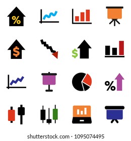 solid vector icon set - presentation vector, graph, pie, japanese candle, laptop, crisis, percent growth, dollar, board