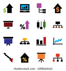 solid vector icon set - presentation vector, graph, laptop, crisis, percent growth, dollar, board, hierarchy