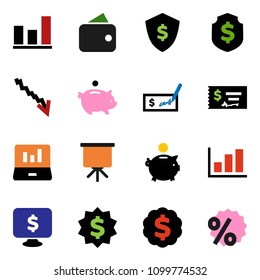 solid vector icon set - presentation vector, graph, laptop, crisis, piggy bank, check, dollar medal, shield, monitor, wallet, percent