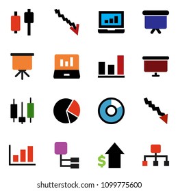 solid vector icon set - presentation vector, graph, pie, laptop, crisis, dollar growth, board, hierarchy