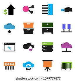 solid vector icon set - presentation vector, archive, dollar growth, social media, server, cloud network, shield, exchange, big data, browser, hub, lan connector, upload, barcode