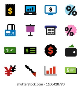 solid vector icon set - presentation vector, graph, laptop, credit card, crisis, receipt, dollar medal, monitor, yen sign, wallet, percent, check