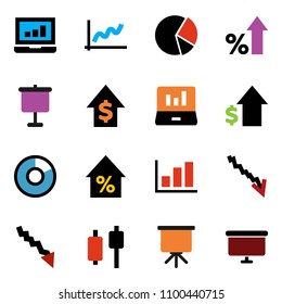 solid vector icon set - presentation vector, graph, pie, japanese candle, laptop, crisis, percent growth, dollar, board