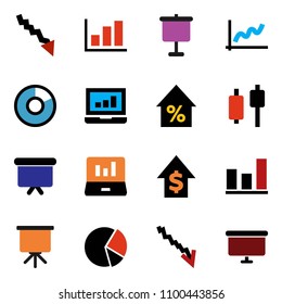solid vector icon set - presentation vector, graph, pie, japanese candle, laptop, crisis, percent growth, dollar, board