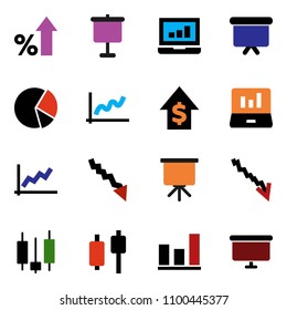 solid vector icon set - presentation vector, graph, pie, japanese candle, laptop, crisis, percent growth, dollar, board