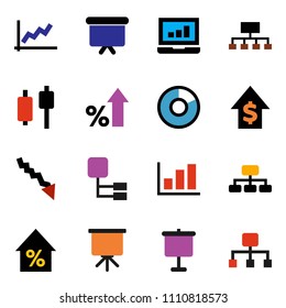 solid vector icon set - presentation vector, graph, pie, japanese candle, laptop, crisis, percent growth, dollar, board, hierarchy