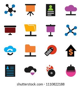 solid vector icon set - presentation vector, personal information, dollar growth, board, barcode, music hit, social media, network, folder, cloud, shield, exchange, lan connector