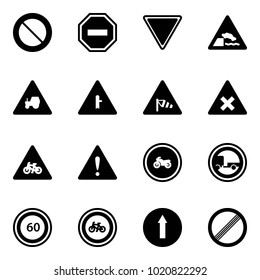 Solid vector icon set - prohibition vector road sign, no way, giving, embankment, tractor, intersection, side wind, railway, for moto, attention, trailer, speed limit 60, bike, only forward