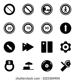 Solid vector icon set - prohibition vector road sign, no trailer, pedestrian, speed limit 20, 70, 90, only forward, detour, fast, pause, gear, finger ring, inflatable pool, cd, Angular grinder