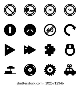 Solid vector icon set - prohibition vector road sign, no trailer, speed limit 20, 50, only forward, detour, end, redo, play, fast, puzzle, finger ring, inflatable pool, cd, saw disk, car toy