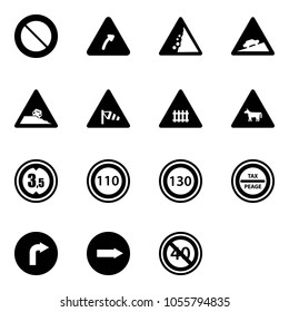 Solid vector icon set - prohibition vector road sign, turn right, landslide, climb, steep roadside, side wind, railway intersection, cow, limited height, speed limit 110, 130, tax peage, only