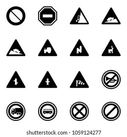 Solid vector icon set - prohibition vector road sign, no way, landslide, climb, steep descent, tractor, abrupt turn right, wild animals, intersection, side wind, horn, truck, bus, stop, parking