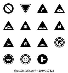 Solid vector icon set - prohibition vector road sign, giving way, turn right, climb, embankment, tunnel, drawbridge, abrupt, side wind, narrows, artificial unevenness, no car, speed limit 20
