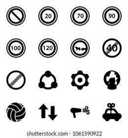 Solid vector icon set - prohibition vector road sign, speed limit 20, 70, 90, 100, 120, no cart horse, end, social, gear, man globe, volleyball, up down arrows, dryer, car toy