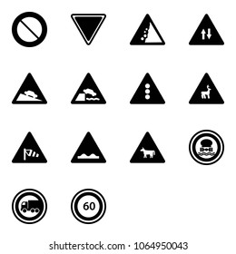 Solid vector icon set - prohibition vector road sign, giving way, landslide, oncoming traffic, steep descent, embankment, light, wild animals, side wind, rough, cow, no dangerous cargo, truck
