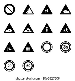 Solid vector icon set - prohibition vector road sign, landslide, oncoming traffic, climb, steep descent, embankment, light, children, side wind, railway intersection, limited height, speed limit 20