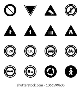 Solid vector icon set - prohibition vector road sign, giving way, multi lane traffic, no parkin odd, intersection, railway, narrows, speed limit 120, 130, bus, bike, overtake, truck, circle