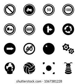 Solid vector icon set - prohibition vector road sign, no moto, speed limit 50, 100, truck overtake, customs, only forward right, circle, end, record, gears, man globe, volleyball, button