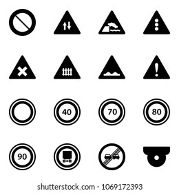 Solid vector icon set - prohibition vector road sign, oncoming traffic, embankment, light, railway intersection, rough, attention, speed limit 40, 70, 80, 90, no dangerous cargo, end overtake