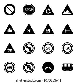 Solid vector icon set - prohibition vector road sign, stop, round motion, steep descent, tunnel, airport, railway intersection, cow, no left turn, speed limit 50, 120, bus, back, detour, toy