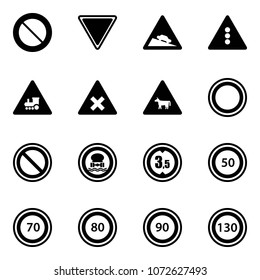 Solid vector icon set - prohibition vector road sign, giving way, steep descent, traffic light, railway intersection, cow, no dangerous cargo, limited height, speed limit 50, 70, 80, 90, 130