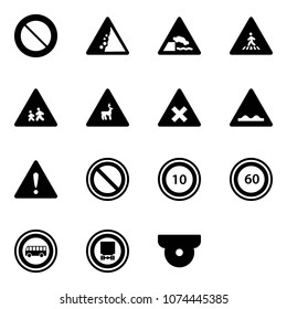 Solid vector icon set - prohibition vector road sign, landslide, embankment, pedestrian, children, wild animals, railway intersection, rough, attention, speed limit 10, 60, no bus, dangerous cargo