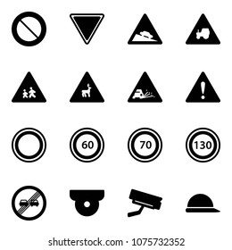 Solid vector icon set - prohibition vector road sign, giving way, steep descent, tractor, children, wild animals, gravel, attention, speed limit 60, 70, 130, end overtake, surveillance camera