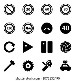 Solid vector icon set - prohibition vector road sign, speed limit 30, 60, 80, 130, no truck overtake, detour, minimal, reload, play, pause, volleyball, sledgehammer, saw disk, Angular grinder