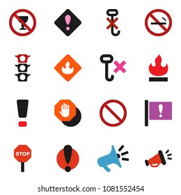 solid vector icon set - prohibition sign vector, no alcohol, smoking, attention, traffic light, hook, flammable, stop, loudspeaker