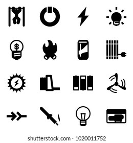 Solid vector icon set - pull ups vector, standby, lightning, bulb, business idea, fire, drink, sun panel, power, water plant, battery, wind mill, connect, soldering iron, generator