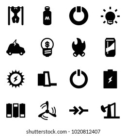 Solid vector icon set - pull ups vector, milk, standby, bulb, electric car, business idea, fire, drink, sun power, water plant, button, battery, wind mill, connect, oil derrick