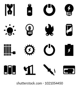 Solid vector icon set - pull ups vector, milk, standby, idea, bulb, business, fire, drink, sun panel, power, button, battery, oil derrick, soldering iron, generator