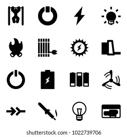 Solid vector icon set - pull ups vector, standby, lightning, bulb, fire, sun panel, power, water plant, button, battery, wind mill, connect, soldering iron, generator