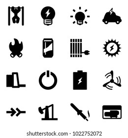 Solid vector icon set - pull ups vector, idea, bulb, electric car, fire, drink, sun panel, power, water plant, standby button, battery, wind mill, connect, oil derrick, soldering iron, generator
