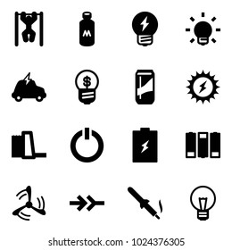Solid vector icon set - pull ups vector, milk, idea, bulb, electric car, business, drink, sun power, water plant, standby button, battery, wind mill, connect, soldering iron