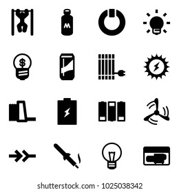 Solid vector icon set - pull ups vector, milk, standby, bulb, business idea, drink, sun panel, power, water plant, battery, wind mill, connect, soldering iron, generator