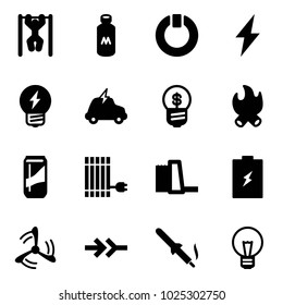 Solid vector icon set - pull ups vector, milk, standby, lightning, idea, electric car, business, fire, drink, sun panel, water power plant, battery, wind mill, connect, soldering iron, bulb