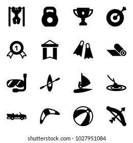 Solid vector icon set - pull ups vector, weight, gold cup, target, medal, pennant, flippers, mat, diving, kayak, windsurfing, fishing, cabrio, boomerang, beach ball, bow