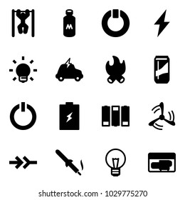 Solid vector icon set - pull ups vector, milk, standby, lightning, bulb, electric car, fire, drink, button, battery, wind mill, connect, soldering iron, generator