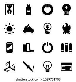 Solid vector icon set - pull ups vector, milk, standby, idea, bulb, electric car, business, fire, drink, water power plant, button, battery, wind mill, soldering iron, generator