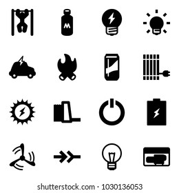 Solid vector icon set - pull ups vector, milk, idea, bulb, electric car, fire, drink, sun panel, power, water plant, standby button, battery, wind mill, connect, generator